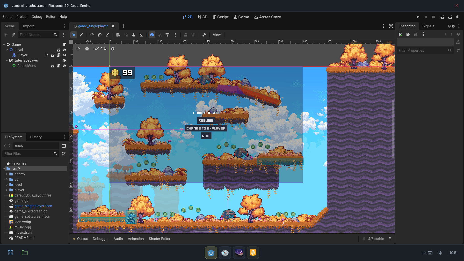 The Godot editor showing a colourful 2D platformer level.