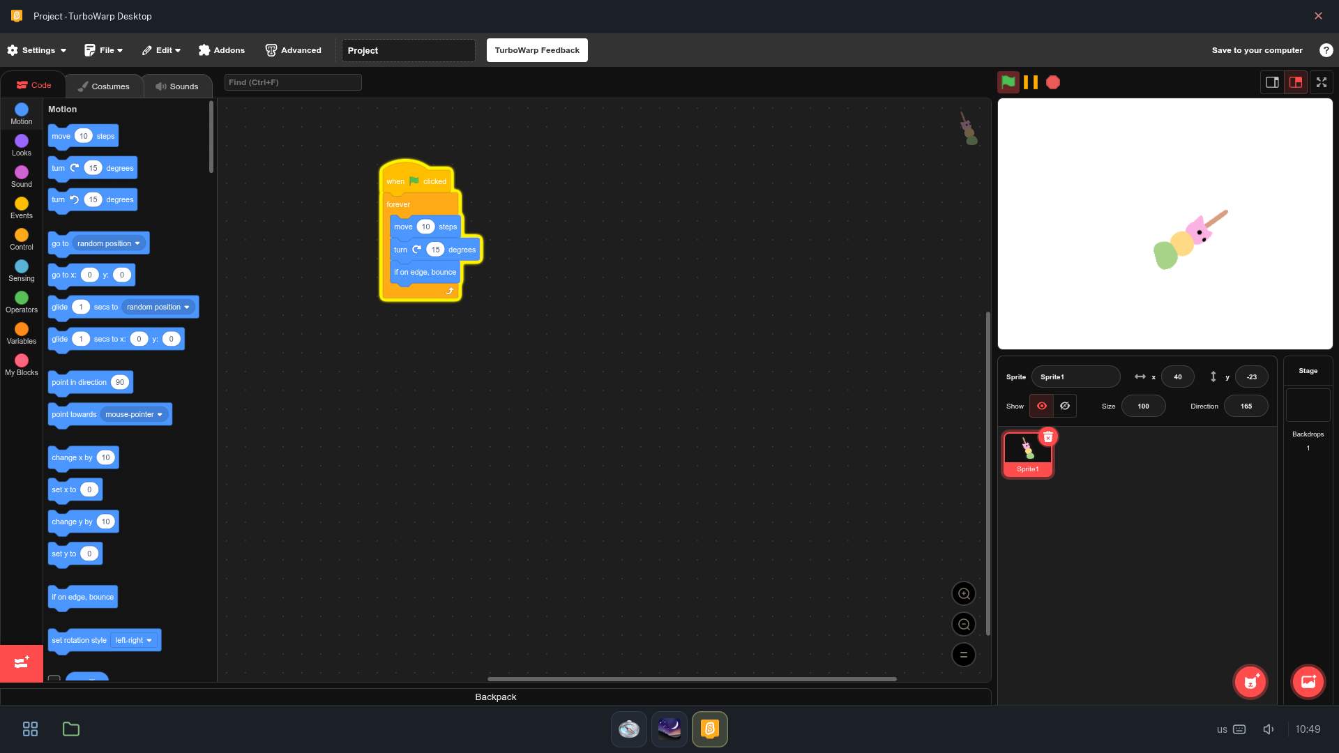 TurboWarp with a running Scratch script that moves and turns a sprite.