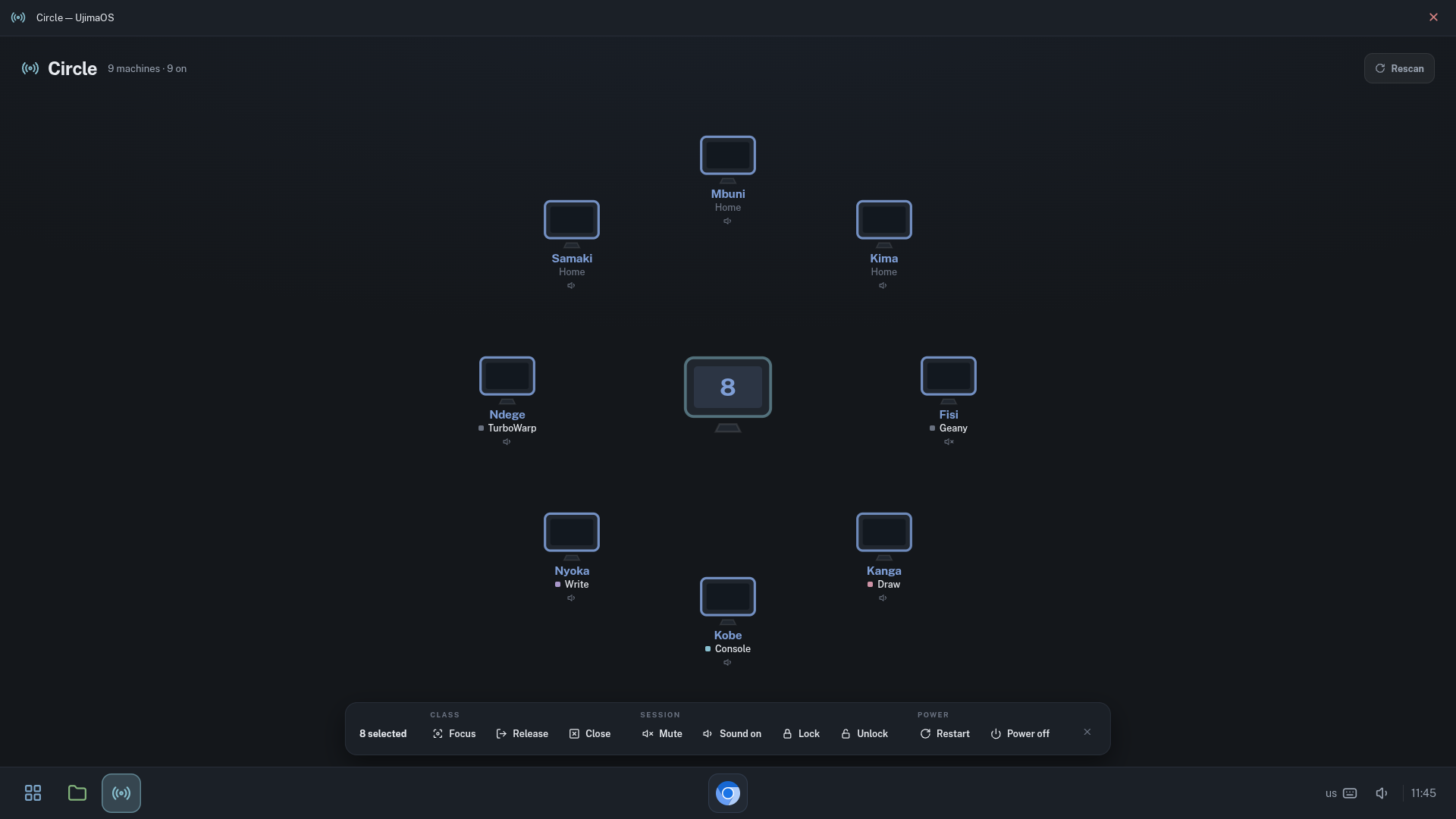The Circle with eight machines selected and the action bar showing Focus, Release, Close, Mute, Sound on, Lock, Unlock, Restart and Power off.