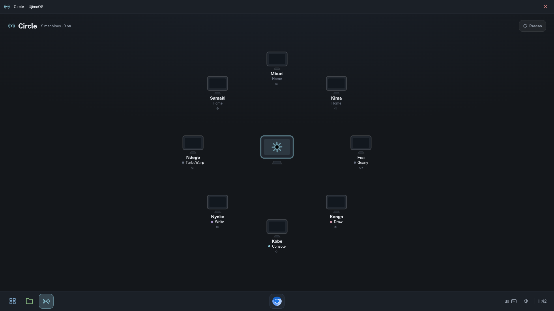 The Circle panel of the Console: eight machines in a ring around this one.