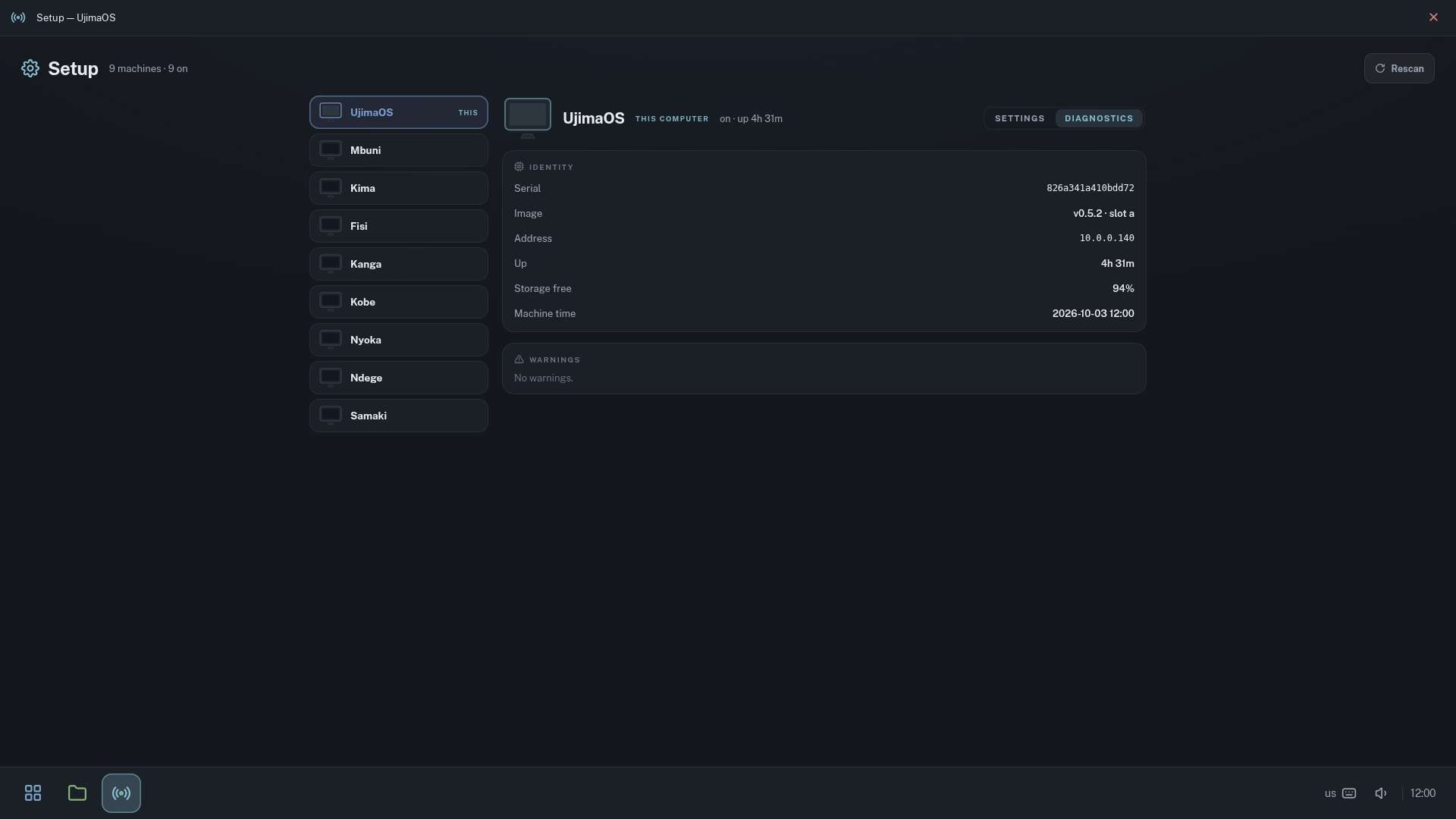 Setup's diagnostics tab for this computer: serial, image version and slot, address, uptime, free storage and machine time.