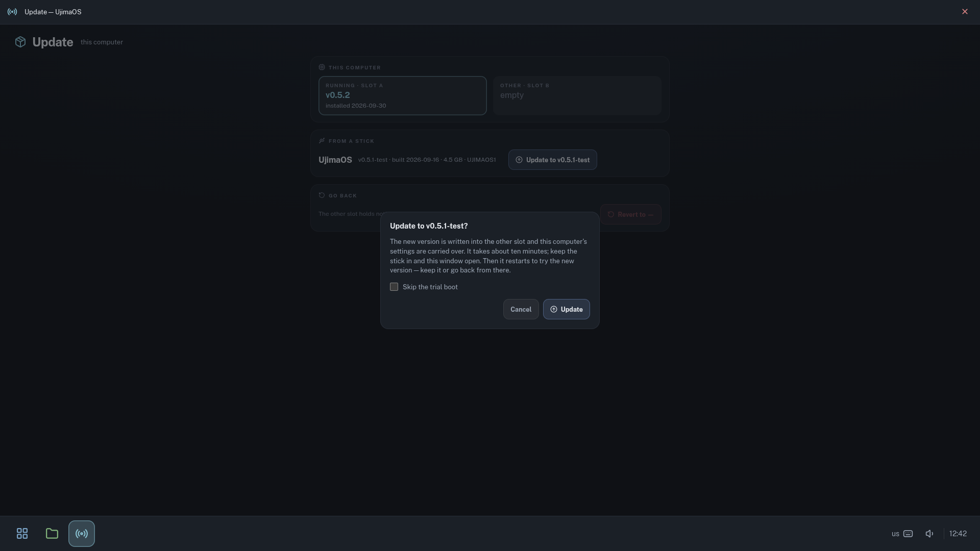 The confirm sheet: the new version is written into the other slot and this computer's settings are carried over.