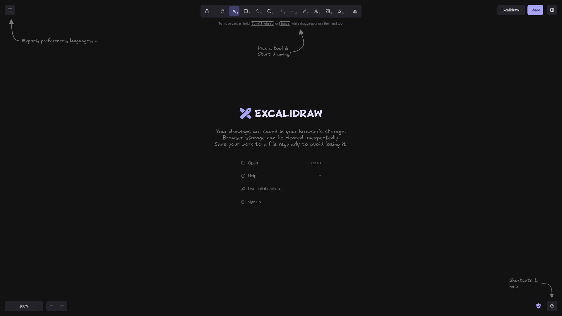 Excalidraw filling the whole screen with no bars: focus mode.