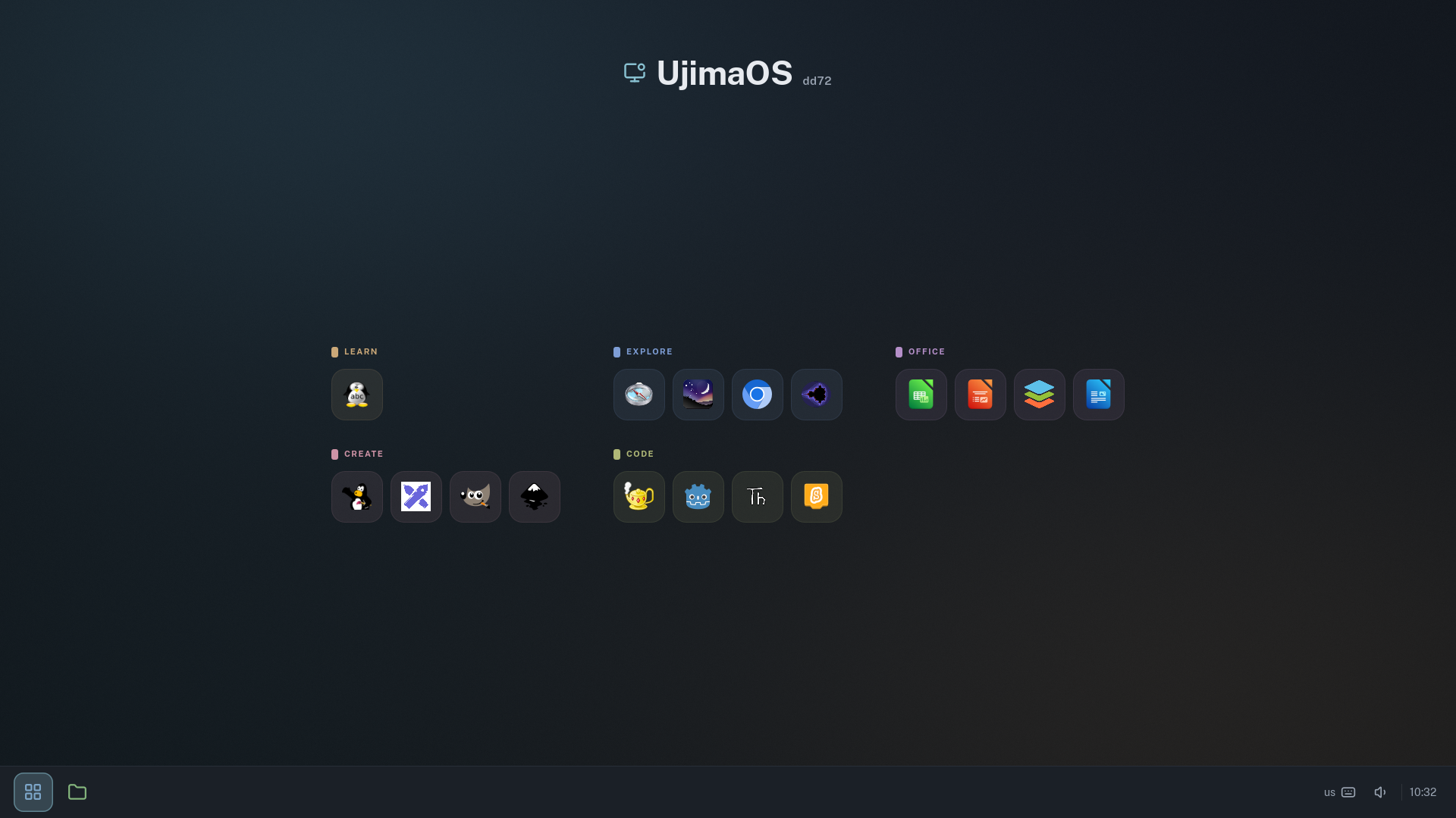 The UjimaOS home screen: apps grouped into Learn, Explore, Office, Create and Code, with the dock and the clock below.